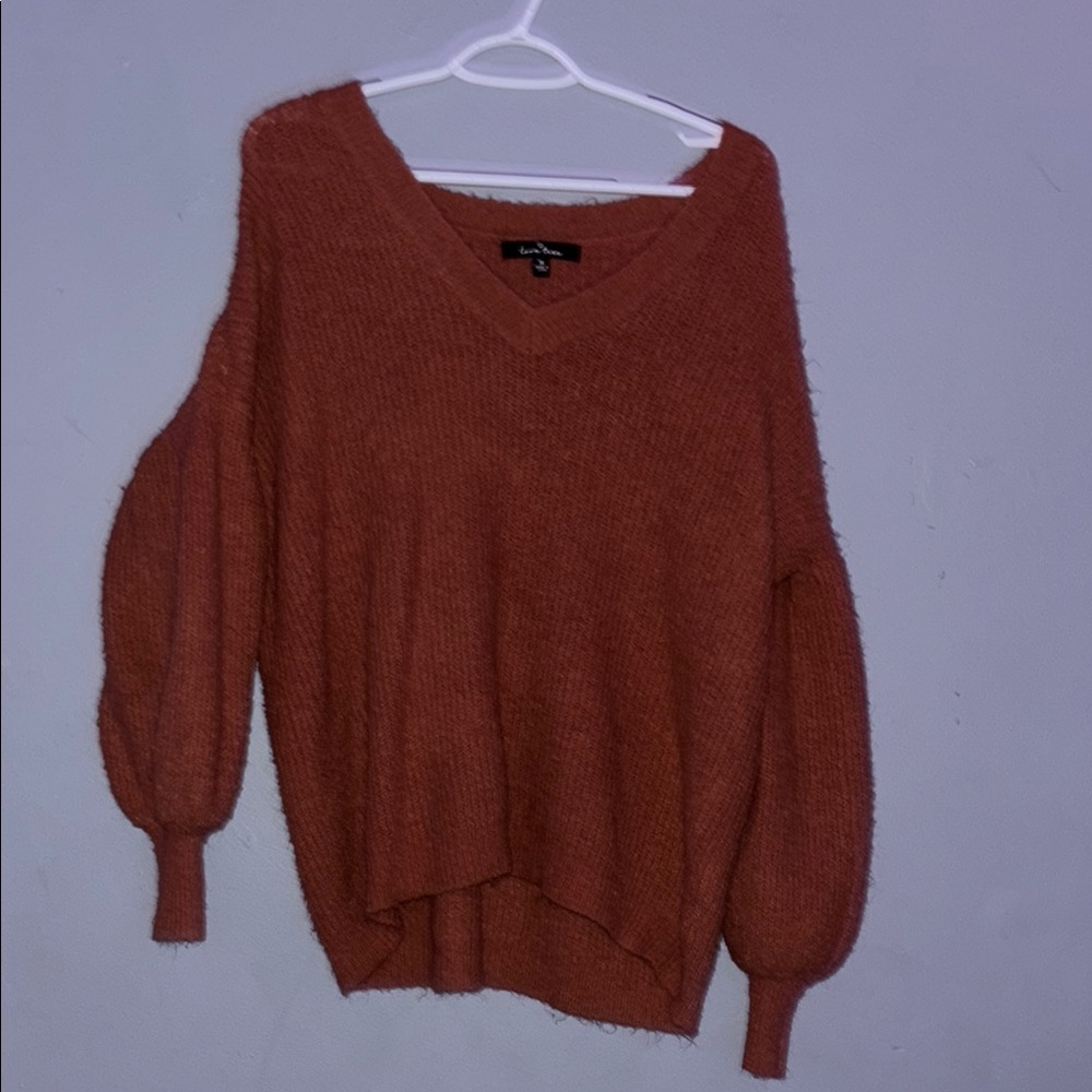 Love Tree Brown V-Neck Sweater with Balloon Sleeves